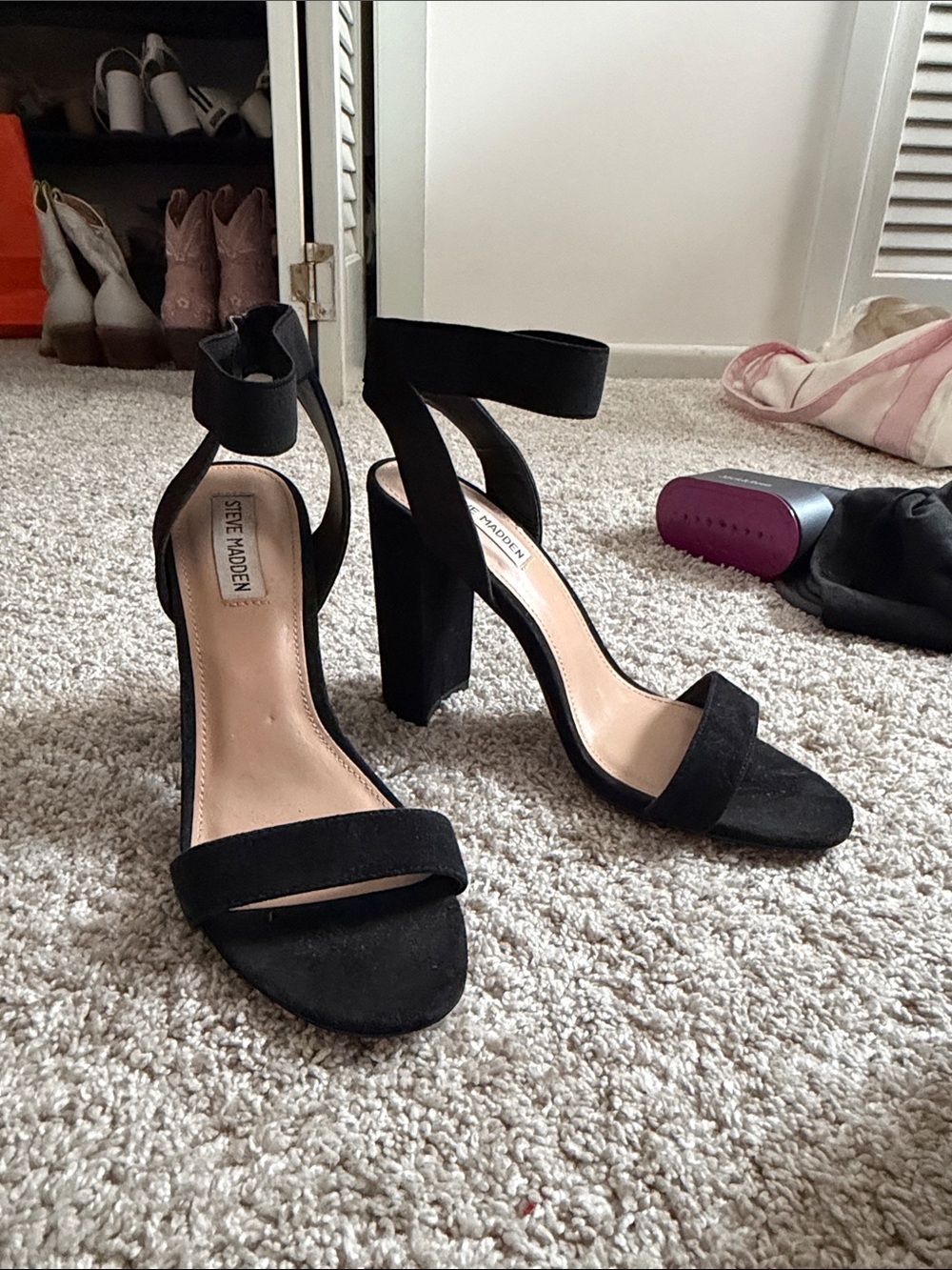 Steve Madden Black Suede Ankle-Strap Block Heels